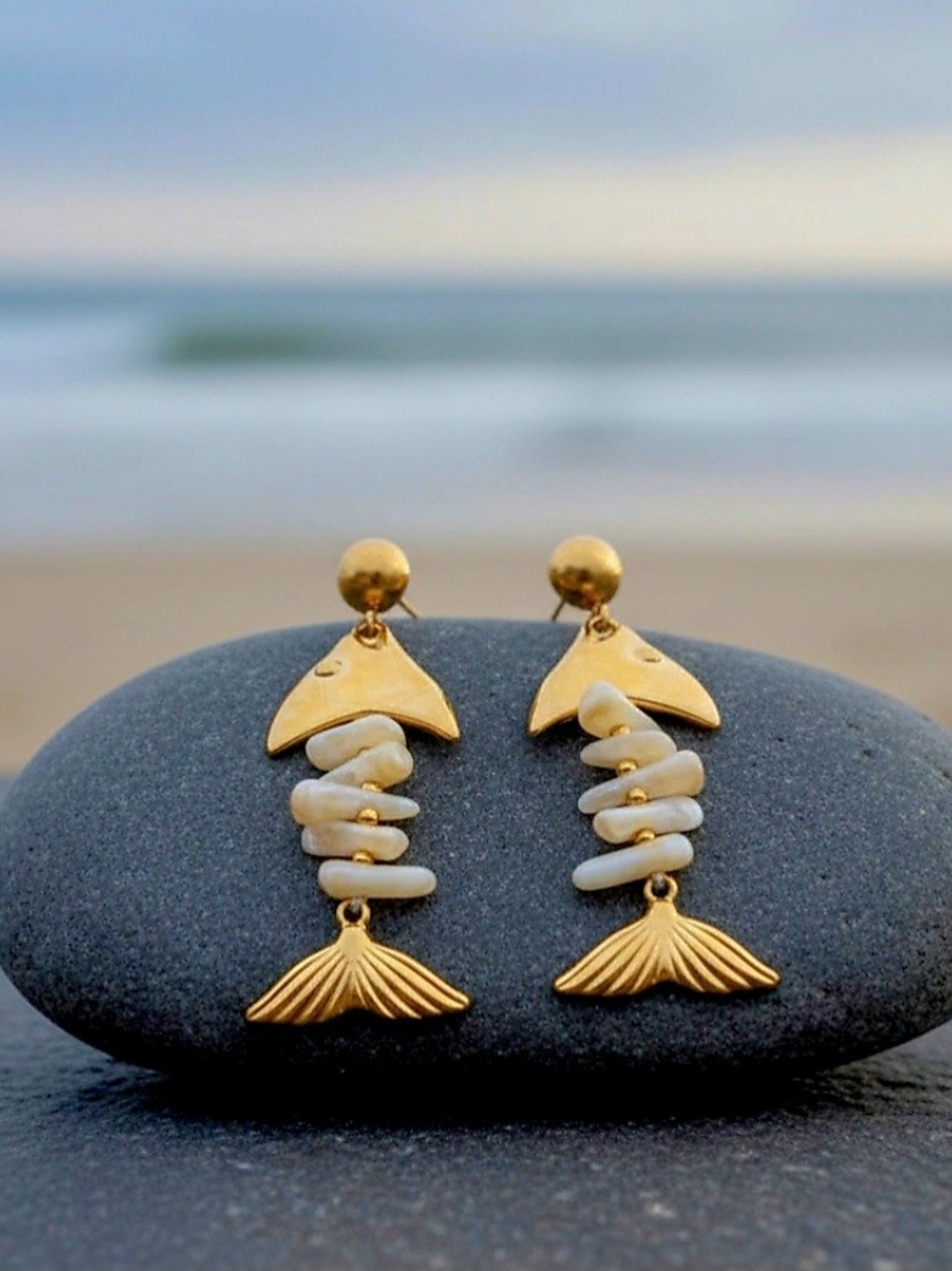 Gold and‎ White Shell Bead Mermaid Tail Drop Earrings - Summer Jewelry